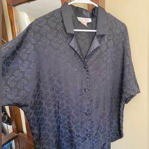 Black Jacquard Button Down Top Black Silky Night Blouse- Women’s Large